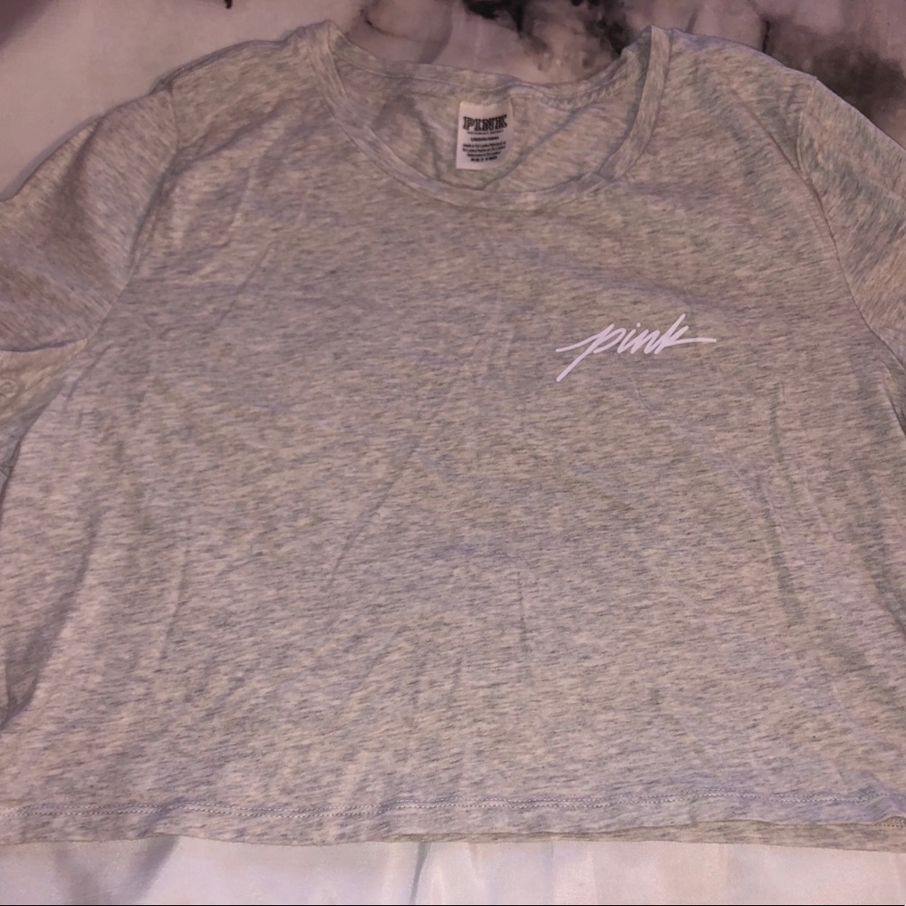 PINK light gray crop top w/ lilac PINK label